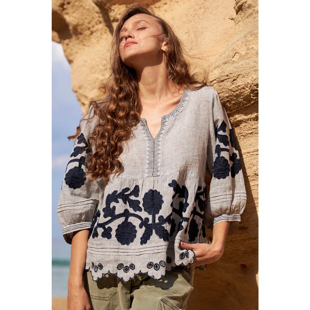 Rose & Rose Kitt Charcoal Trellis Applique Baloon Sleeve Top